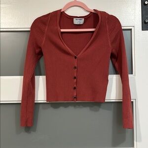 Old Navy Ribbed V-Neck Button Crop Cardigan - Rust S